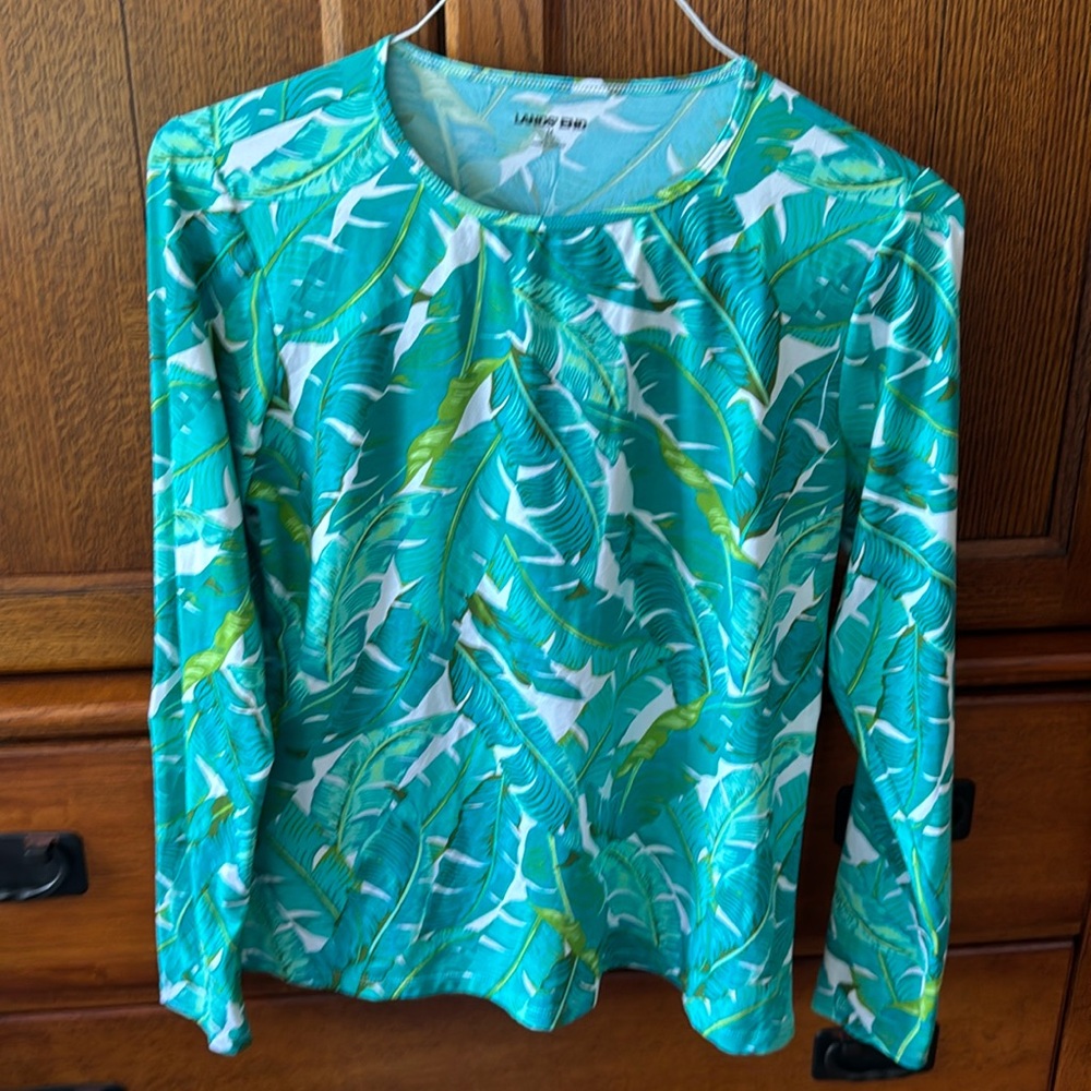 LANDS’ END Long Sleeve Rash Guard Swim Shirt Size medium Green tropical